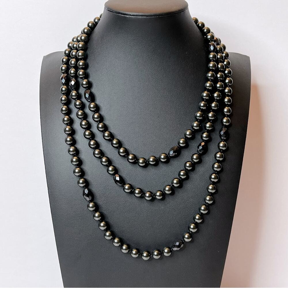 Exquisite Glass Black Pearl Necklace 58"